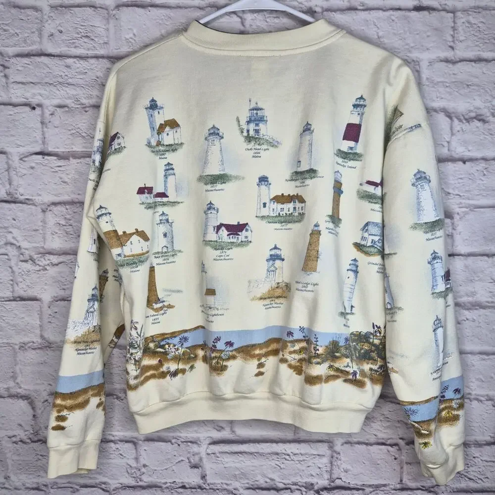 Vintage Lighthouse Point Sweatshirt Cardigan M Coastal Grandma Cream Nautical 90